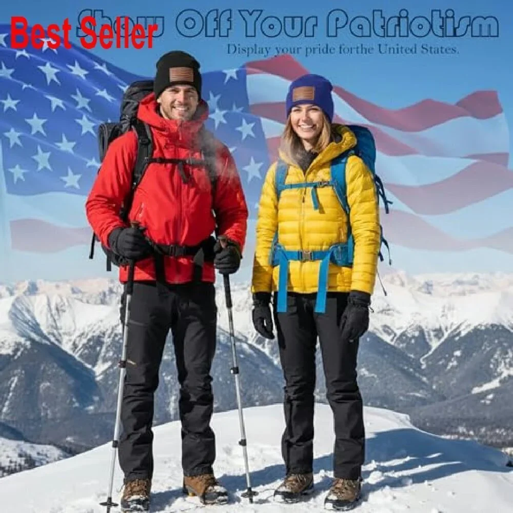 Oversized American Flag Beanie XXL Knit Winter Hat Patriotic Leather Patch